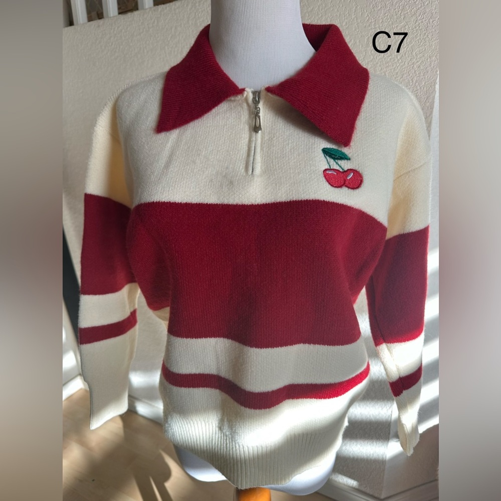 Cherry Embroidered Red and Cream Sweater